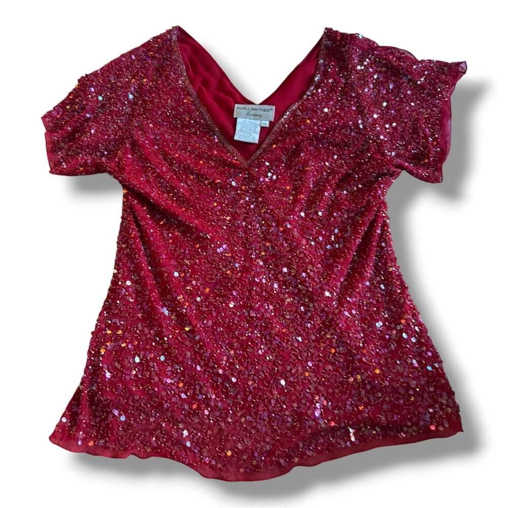 Papell Boutique Evening Red 100% Silk Sequin Beaded Blouse Top XL